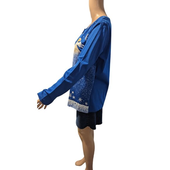 NEW Collections Etc Sz M Winter Angels Peace on Earth Blue Button Cotton Sweater - Picture 4 of 7